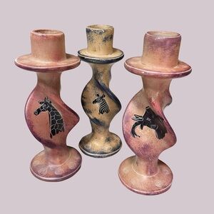 3 Hand Carved Soapstone Jungle Animal Candle Sticks  Kisii Kenya. 2 are Sign